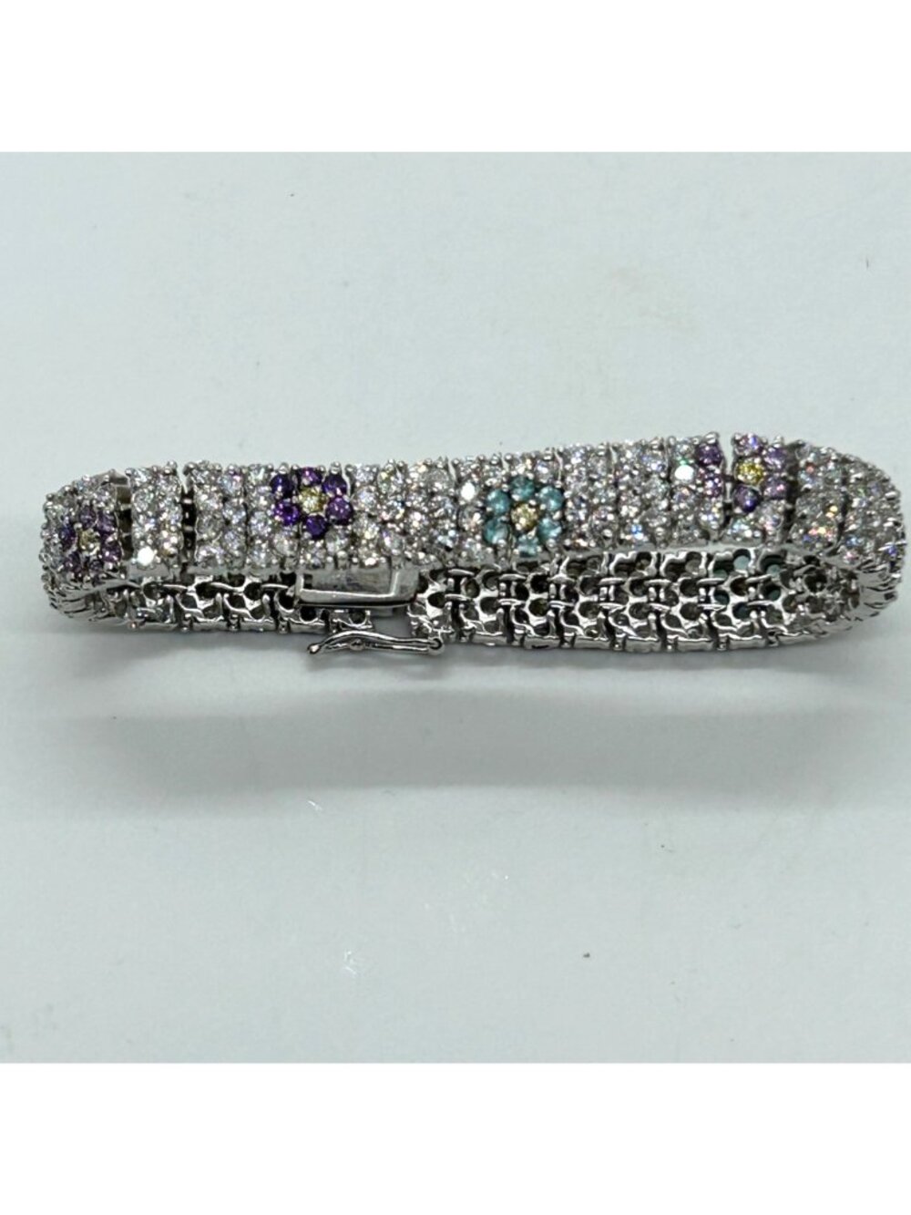 Vintage Rhinestone Tennis Bracelet Multicolor Flower Design W/ Safety Clasp 7.5" - Picture 3 of 16
